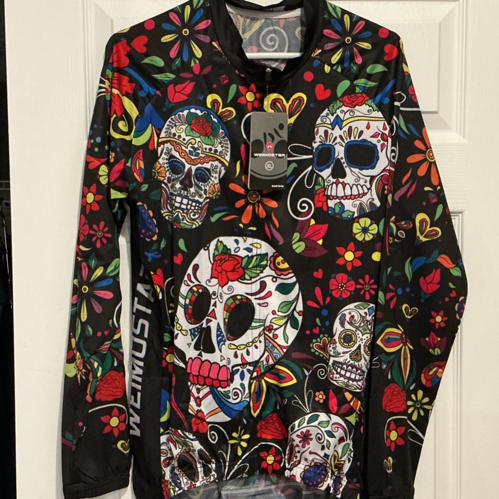 Weimostar Sugar Skull Cycling Jersey - Black with Multicolor Floral Skull Print